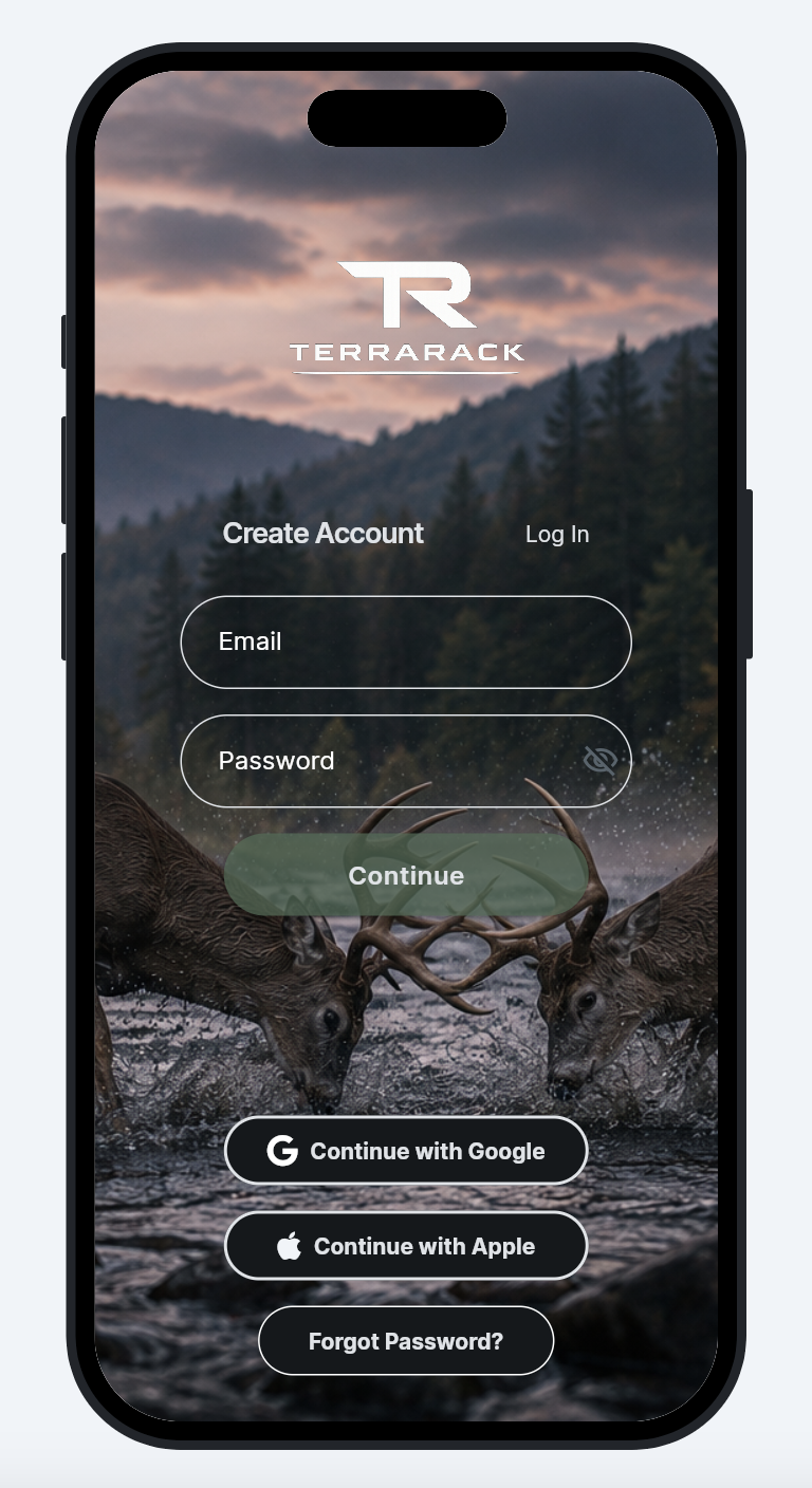 TerraRack mobile app create account and login screen