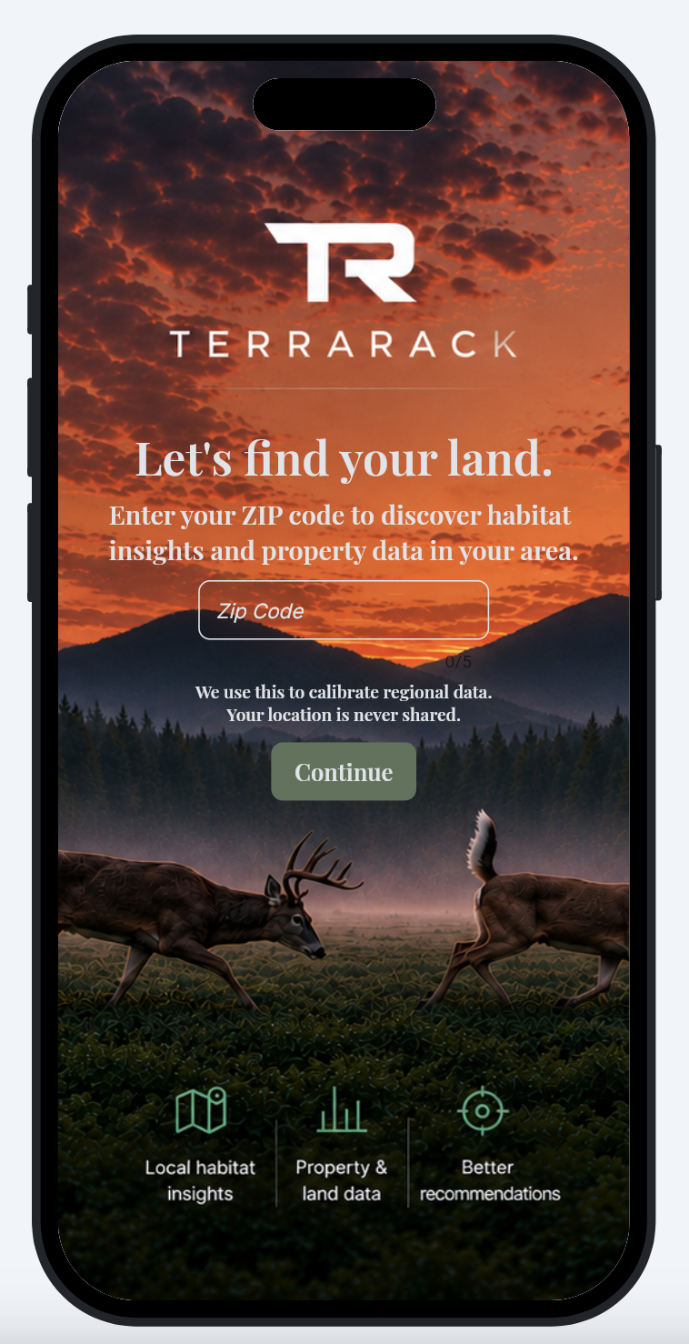 TerraRack mobile app screen requesting a ZIP code for local habitat and property insights