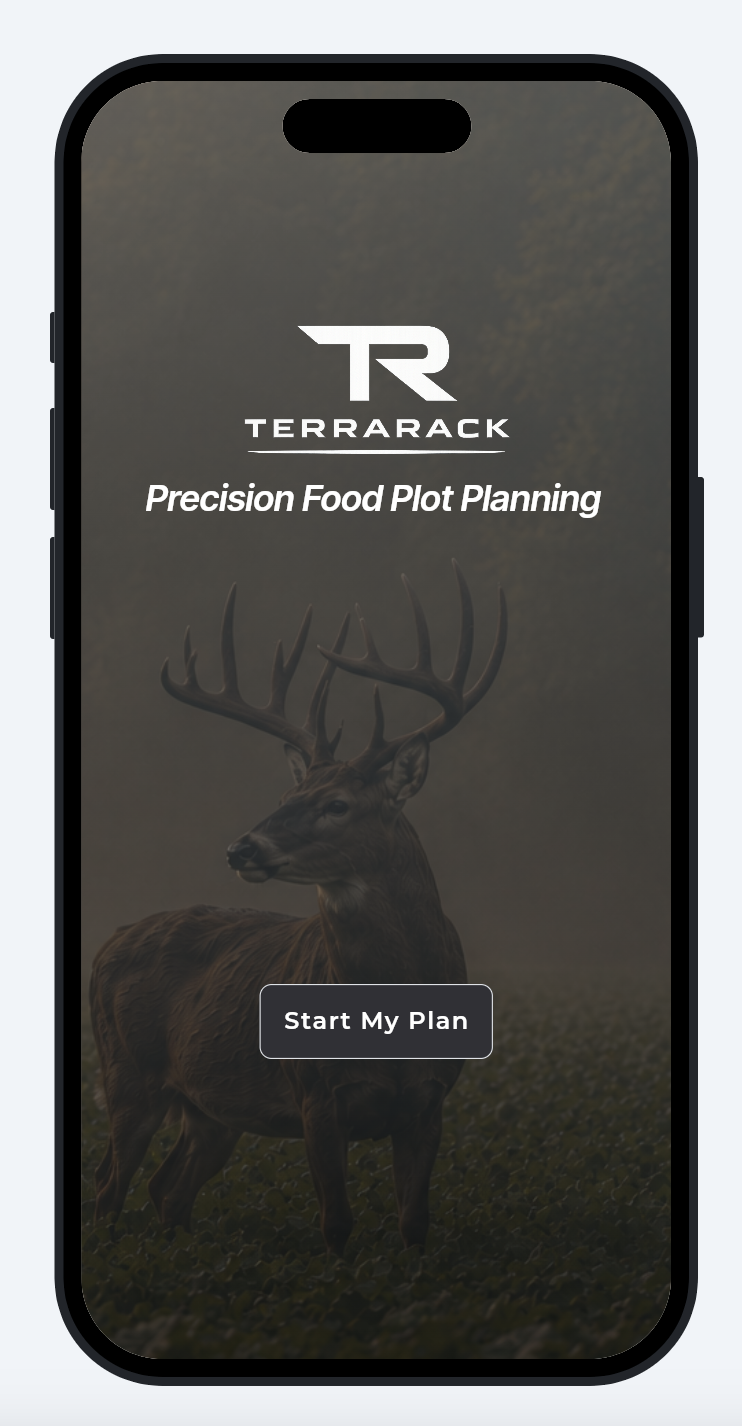 TerraRack mobile app start screen with a whitetail buck and Start My Plan button