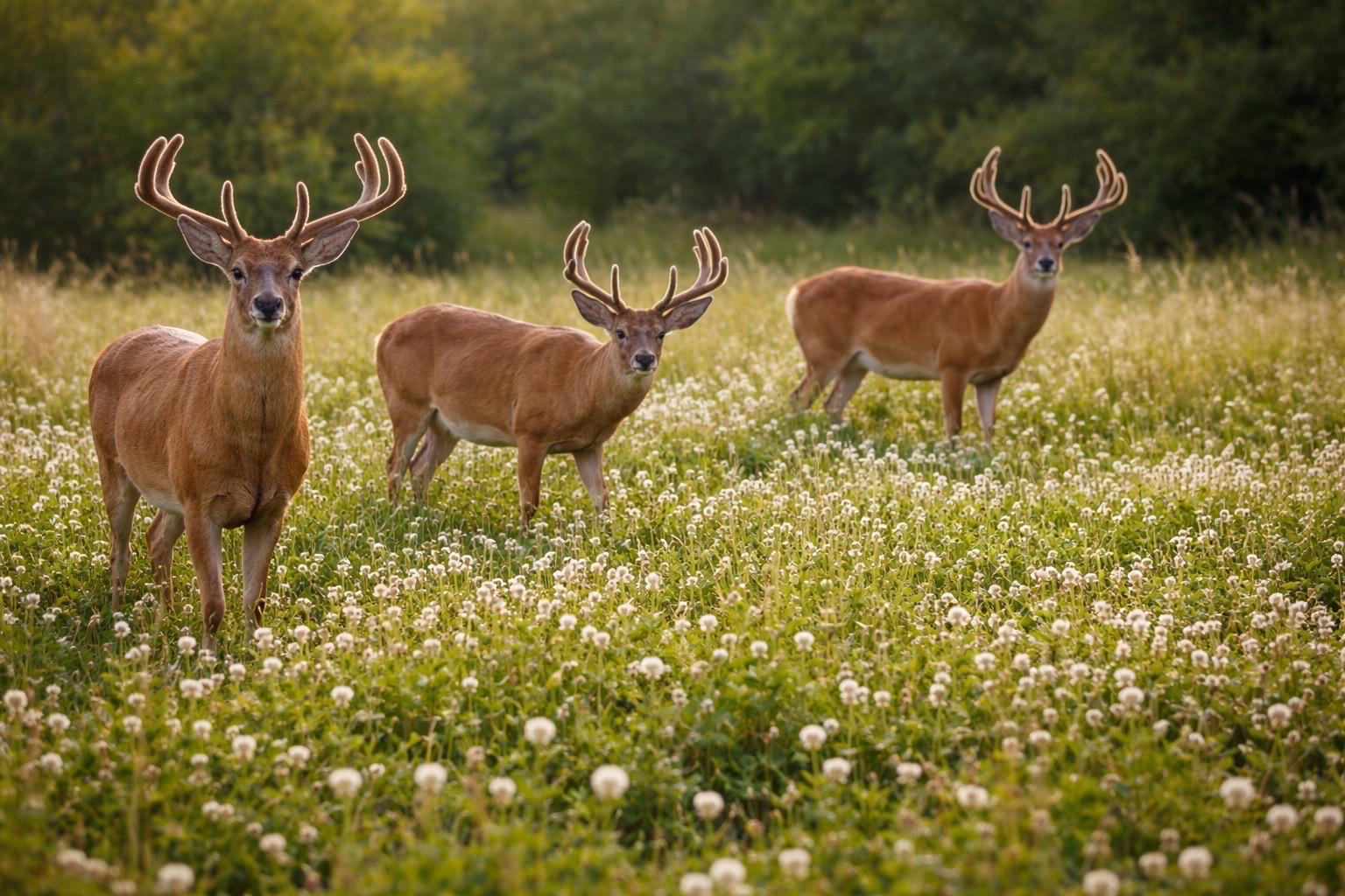 Whitetail bucks grazing in a food plot